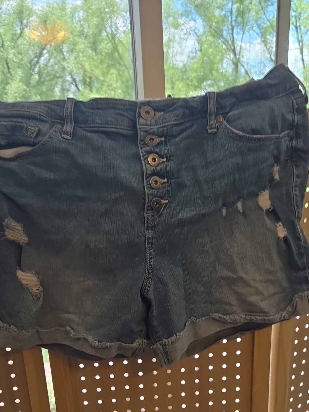 Torrid High-Rise Distressed Denim Shorts in Dark Blue
